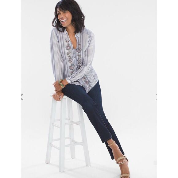 Chico's chicos size 2 Striped Medallion Tunic 12 14 Mixed Embroidered Large - Picture 3 of 16